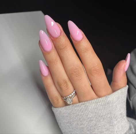 Cute Light Pink Almond Nails, Blush Pink Nails Almond Shape, Pink Gel X Nails Almond, Medium Almond Acrylic Nails Solid Color, Bubble Gum Pink Almond Nails, Long Pink Almond Nails, Clear Pink Almond Nails, Pink Gel Extensions, Light Coloured Nails