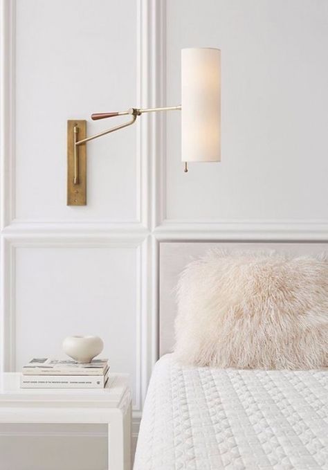 White bedroom with brass wall sconce via Circa Lighting Reka Bentuk Bilik Tidur, Modern White Bedroom, All White Bedroom, All White Room, White Bedroom Decor, Hiasan Bilik Tidur, Modern Wall Lamp, Ideas Hogar, Sconces Bedroom