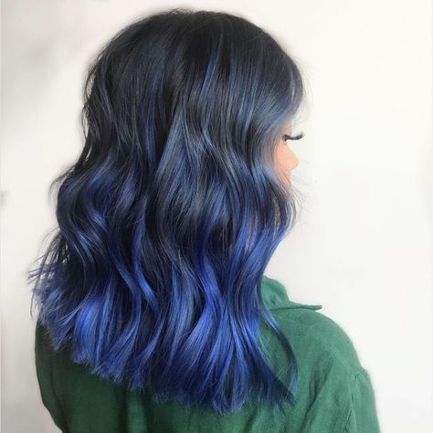 38 Blue Ombré Hair Color Ideas to Try Dark Blue Black Hair, Blue Hair Tips, Blue Ombré Hair, Black Blue Hair, Hair Dyed Underneath, Dyed Curly Hair, Blue Black Hair, Blue Ombre Hair, Blonde Moments