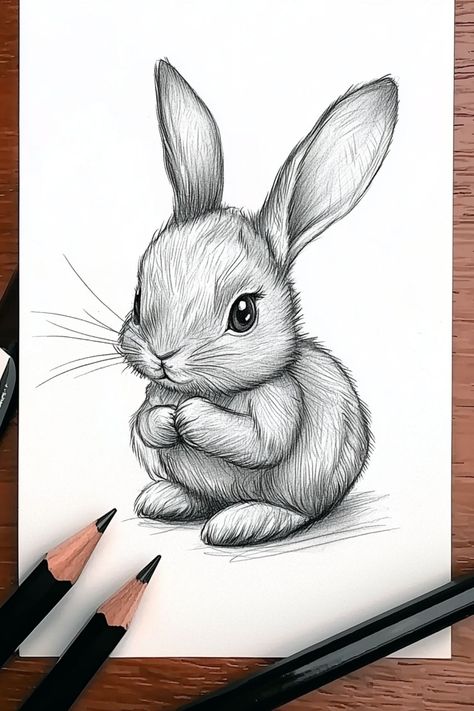 A detailed pencil drawing of a bunny in a sitting position, perfect for fans of "little sketches bunny. Whimsical Art Ideas, How To Draw A Rabbit, Cute Bunny Sketch, Rabbit Drawing Easy, Cute Bunny Illustration, Sketch Nose, Rabbit Sketch, Penguin Sketch, Bunny Sketch