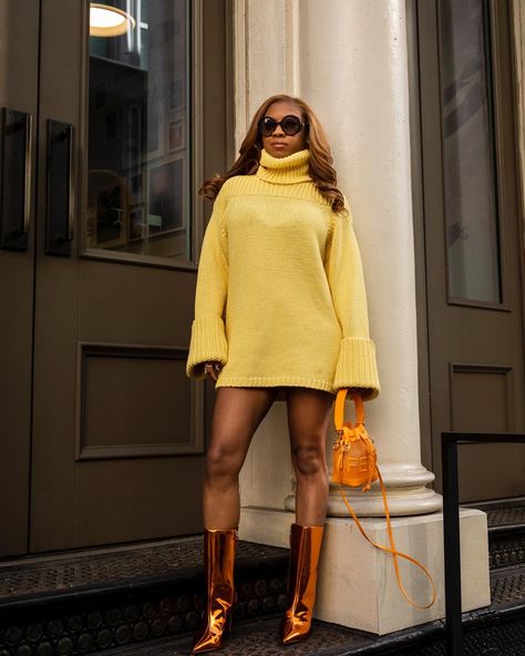 #dress #sweaterdressoutfit #fallfashion #falloutfit #falloutfitswomen #falltrends #metallic #yellow #orange #legday #winteroutfit Orange Boots Outfit, Metallic Boots Outfit, Yellow Knit Dress, Sunday Brunch Outfit, Orange Boots, Brunch Outfits, Thanksgiving Dress, Sweater Dress Outfit, Yellow Knit