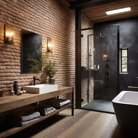 Bathroom Ideas Loft, Urban Bathroom Design, Brick Shower Ideas, Industrial Bathroom Decor Ideas, Red Brick Bathroom, Brick Shower Tile, Modern Industrial Decor Living Room, Rustic Modern Bathroom Ideas, Bathroom Brick Wall