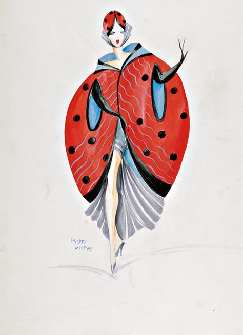 Freddy Wittop  Ladybird Costume Design Illustration  Late 1930s Ladybird Costume, Costume Design Illustration, James And Giant Peach, Costume Design Sketch, Ladybug Costume, The Giant Peach, Fashion Illustration Vintage, Costume Fashion, Baby High Chair