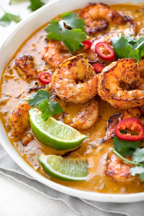 This coconut curry shrimp is mildly spicy and creamy, and brimming with Thai-inspired flavors such as curry paste, lemongrass, and ginger! | thecozyapron.com #coconutcurryshrimp #coconutcurryshrimprecipe #coconutcurryshrimpeasy Thai Coconut Shrimp Curry, Fall Shrimp Recipes, Thai Prawn Curry, Shrimp Coconut Curry, Thai Shrimp Curry, Shrimp Curry Recipe, Red Curry Shrimp, Thai Coconut Curry, Coconut Curry Shrimp