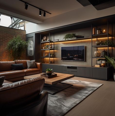 Funky Masculine Decor, Warehouse Loft Apartment Cozy, Modern Masculine Apartment, Sala Tv Industrial, Bachelor Pad Living Room Apartments, Spa Living Room Ideas, Masculine Tv Room, Tv Setup Living Room, Modern Masculine Living Room