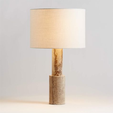 Jorgen Silver Travertine Table Lamp + Reviews | Crate and Barrel Marble Bedside Tables, Cream Table Lamps, Travertine Table, Silver Travertine, Bedside Table Decor, Round Table Lamp, Marble Table Lamp, Entryway Console Table, Calacatta Marble