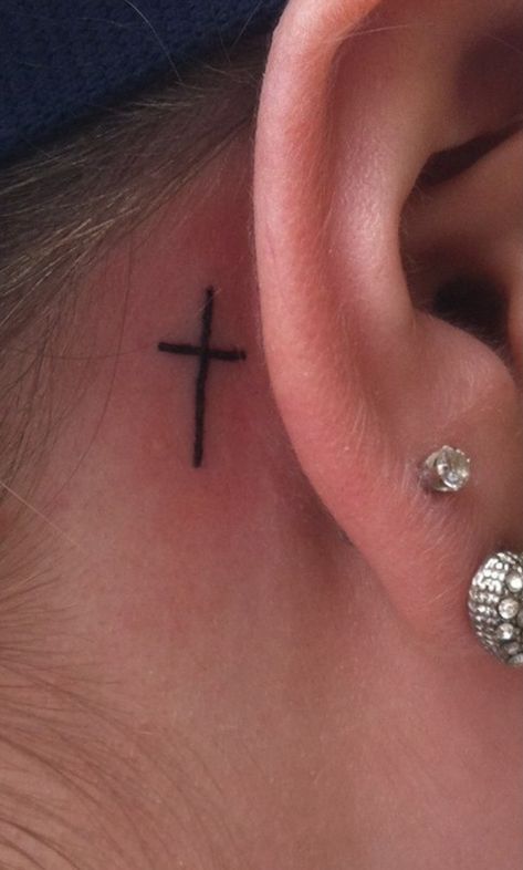 Behind Ear Cross Tattoo, Cross Behind Ear Tattoo, Tiny Cross Tattoo, Behind Ear Tattoos, Faith Tattoo, Ear Tattoos, Tiny Cross, Face Tattoos, Piercings And Tattoos