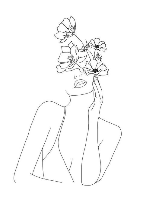 Line Art Woman With Flowers, Line Art Woman, Minimal Line Art, Woman With Flowers, Minimalist Drawing, Soyut Sanat Tabloları, Minimalist Flowers, Line Art Tattoos, Pola Sulam