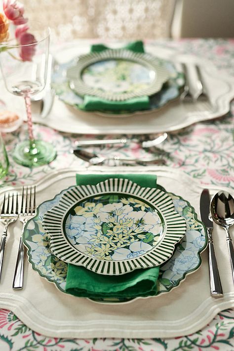 Perfect for family meals and special occasions, this steel flatware set lends a touch of elegance to your table. | Easton Flatware 5-Piece Place Setting by Anthropologie in Silver Table Set For Two, Antique Place Settings, Fine Dining Decoration Table Settings, Palm Leaf Plates Table Settings, Floral Charger Plates, Bridesmaid Luncheon Tablescapes, Colorful Place Setting, Party Settings Tables, Unique Wedding Table Settings