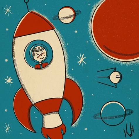 Vintage Rocket Illustration, Rocket Drawing Aesthetic, Mid Century Space Illustration, Retro Space Illustration, Retro Illustration 1950s, 1950s Space Art, Midcentury Color Palette, 50s Illustration, Midcentury Illustration