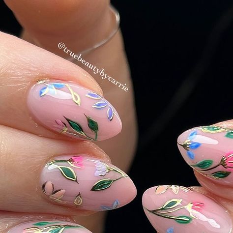 Carrie Williams • Nail Artist • on Instagram: "Florals but make it better …. *Adds gold chrome ✨🤭🌸🌷
.
.
.
Colours
@dndgel.europe All the Colours 🤩
Code Carrie 20% off
.
.
#nails #nailinspo #chromenails #goldchromenails #isolatedchrome #biab #buildergel #gelnails #springnails #summernails #flowernails #floralnails #aprilnails #maynails #nailinspo #springnailinspo #biab18 #biabliverpool #liverpoolnails #nailsliverpool #showscratch @scratchmagazine @nailitmedia @nailpromagazine" Biab Nail, Nail Chrome, Gold Chrome Nails, April Nails, May Nails, Gold Chrome, Floral Nails, Chrome Nails, Artist On Instagram