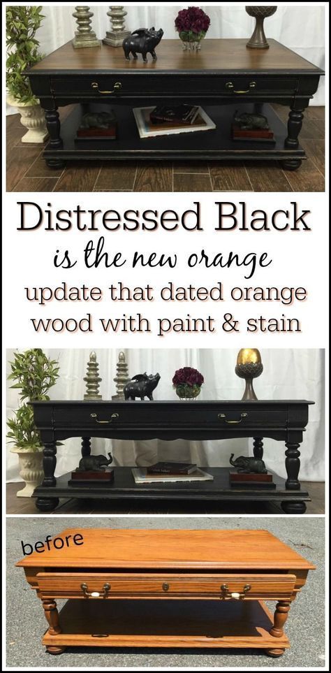 Distressed black is the new orange. Update your dated orange wood with a classic painted furniture makeover using paint and stain. Black distressed coffee table with stain top is an all time favorite. Black Distressed Furniture, Refurbished Coffee Tables, Distressed Coffee Table, Black Painted Furniture, Distressed Furniture Painting, Coffee Table Makeover, Painted Coffee Tables, Painting Wood Furniture, Furniture Black