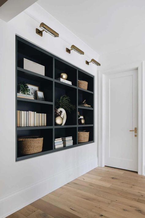 Tour this absolutely stunning and timeless white brick house in Illinois White Built In Bookcase, White Black Office, Black Bookshelves, Niche Shelves, Basement Office, Hearth Room, Beautiful Home Designs, Hallway Storage, Wall Designs