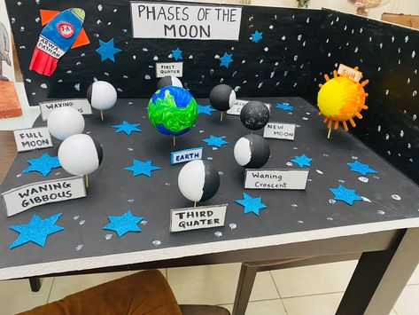 Moon Cycle Project, Moon Phases Model Project, Moon Phases Project Middle School, Phases Of The Moon Project, Moon Phases Project, Moon Phase Project, Science Exhibition Working Models, Science Exhibition Projects, Science Exhibition