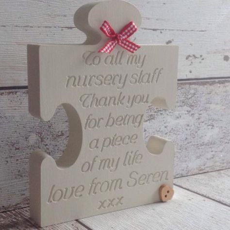 Handmade personalised teacher gifts. This lovely jigsaw piece is engraved with a message of thanks to nursery staff. #teachergifts Staff Gift Ideas, Engraved Crafts, Personalised Teacher Gifts, Teacher Presents, Nursery Gifts, Jigsaw Piece, Handmade Teacher Gifts, Reusable Hand Warmers, Teacher Gift Baskets