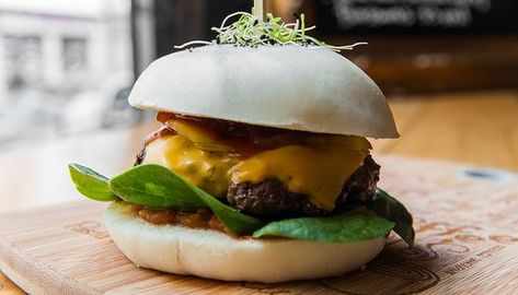 “Ham-bao-gers” – Bao Burger Recipe Bao Burger, Types Of Burgers, Unique Burgers, Unique Sauces, Vegan Patties, Smoked Cheese, Vegetarian Burger, Gourmet Burgers, Vegan Burgers