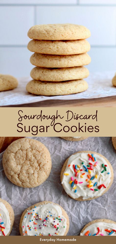 Whip up a batch of soft Sourdough Discard Sugar Cookies for Easter baking fun! This easy sourdough cookie recipe is perfect for spring celebrations, birthdays, Christmas, Valentine's Day, and more. Decorate with buttercream frosting for a delightfully sweet treat. Discard Sugar Cookies, Sourdough Discard Sugar Cookie Recipe, Sourdough Starter Cookie Recipes, Easy Sourdough Cookies, Sourdough Cookie Recipe, Sourdough Sugar Cookie Recipe, Sourdough Discard Sugar Cookies, Sourdough Discard Christmas Cookies, Sourdough Desert