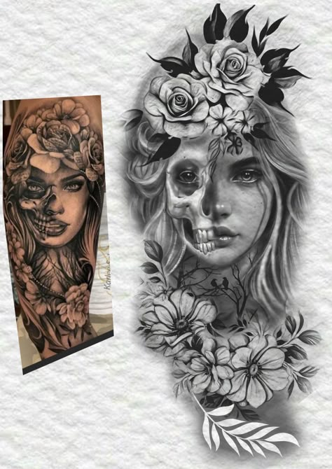 Skull Thigh Tattoos For Women, Women Skull Tattoo, Marian Tattoo, Skull Face Tattoo, Mum Tattoo, Feminine Skull Tattoos, Face Tattoos For Women, Skull Girl Tattoo, Surreal Tattoo