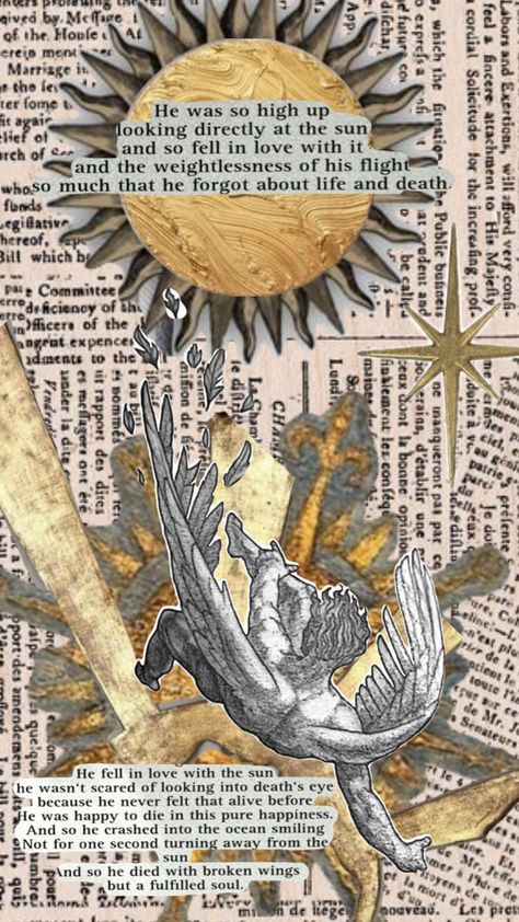 icarus greek mythology Greek Mythology Collage, Icarus Poster, Roman Mythology Aesthetic, Icarus Aesthetic, Greek Mythology Wallpaper, Icarus Greek Mythology, Mythology Paintings, Ancient Greek Gods, Heavenly Bodies