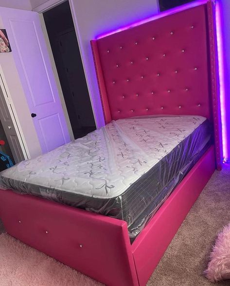 #pinkbed #bedframe #pinkbedframe #lights #led Pink Bedframe, Pink Bed Frame, Bed Frame With Led Lights, Pink Bed, Emo Wallpaper, Pink Bedding, Lights Led, Apartment Decor, Bed Frame