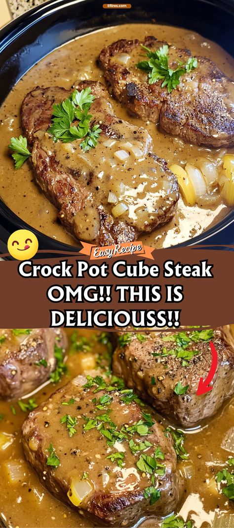 Crock Pot Cube Steak OMG!! THIS IS DELICIOUSS!! Cubed Steak Crockpot Healthy, Crockpot Tenderized Steak, Recipes That Crock, Slow Cooker Salsberry Steak, Crockpot Recipes With Round Steak, Crock Pot Baked Steak, Bucket Steak Recipes, Cube Steak Crock Pot Recipes Tomatoes, Crockpot Salisbury Steak Cube Steak