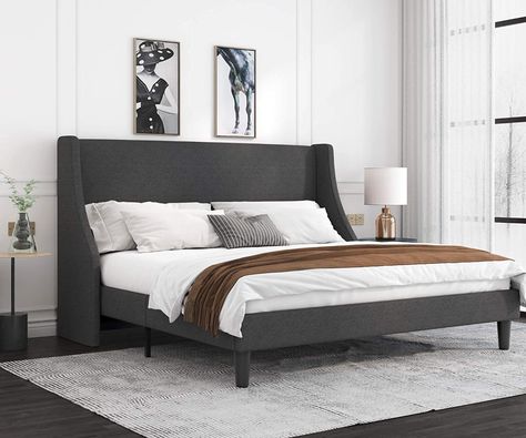 Amazon.com: Allewie King Size Platform Bed Frame with Deluxe Wingback/Upholstered Bed Frame with Headboard/Wood Slat Support/Mattress Foundation/Dark Grey(King): Furniture & Decor Headboard Wood, King Size Platform Bed, Cama King Size, Full Size Platform Bed, Lit King Size, Queen Size Platform Bed, Modern Platform Bed, Wingback Bed, Full Size Bed Frame