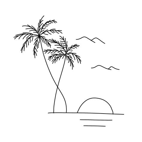 Tropical Drawing Ideas, Palm Tree Outline Tattoo, Palm Tree Sketch Simple, Palm Tree Line Drawing, One Line Palm Tree Tattoo, Hawaii Line Art, Wave Line Drawing, Line Drawing Palm Tree, Palm Tree Sketch