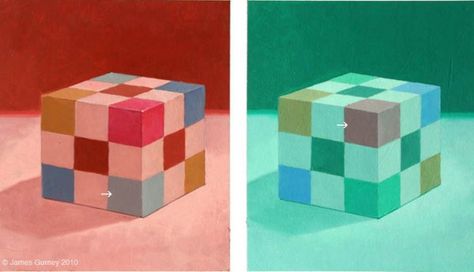 Colored-Cube-Illusion Gurney James Gurney, Color Symbolism, Visual Illusion, Local Color, Art Terms, Color Harmony, Color Psychology, Plein Air Paintings, Complementary Colors