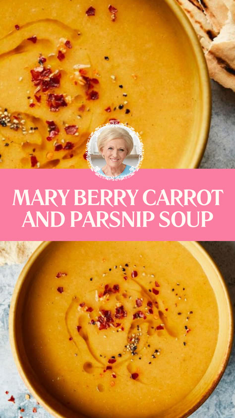 Mary Berry Carrot And Parsnip Soup Parsnips Soup Recipe, Parsnips Soup, Curried Parsnip Soup, Carrot And Parsnip Soup, Mary Berry Cooks, Parsnip Recipes, Soup Maker Recipes, Parsnip Soup, Mary Berry Recipe