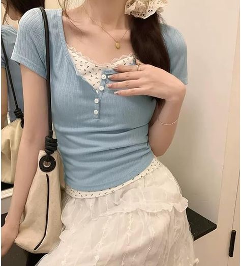 blue comfy ribbed coquette henley top with floral lace undershirt Lace Undershirt, Casual Autumn Outfits Women, Floral Lace Shorts, 90s Fashion Grunge, Basic Fashion, Women's Outfit Sets, Women's Fashion Set, Ribbed Shorts, Flowers Fabric