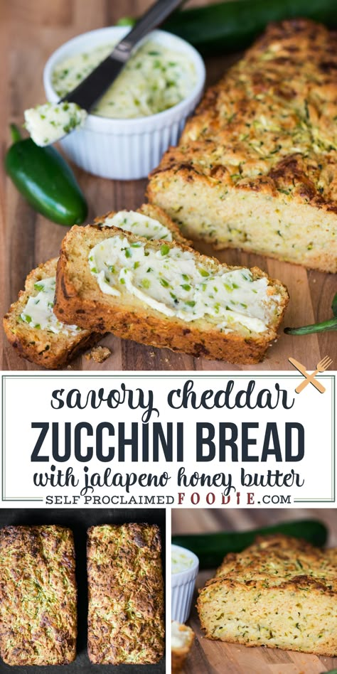 Cheddar Zucchini Bread with Jalapeno Honey Butter made with freshly grated zucchini is a delicious no-added sugar quick bread. Talk about a tasty sweet and savory summer quick bread! #zucchinibread #cheddar #honeybutter #jalapeno #savory #baking #recipe Honey Zucchini Bread, Cheddar Jalapeno Zucchini Bread, Savoury Zucchini Recipes, Zucchini Jalapeno Cheese Bread, Zucchini Jalapeno Bread, Savoury Zucchini Bread, Savory Zucchini Bread Recipes, Zucchini Freezer Recipes, Savory Zucchini Recipes