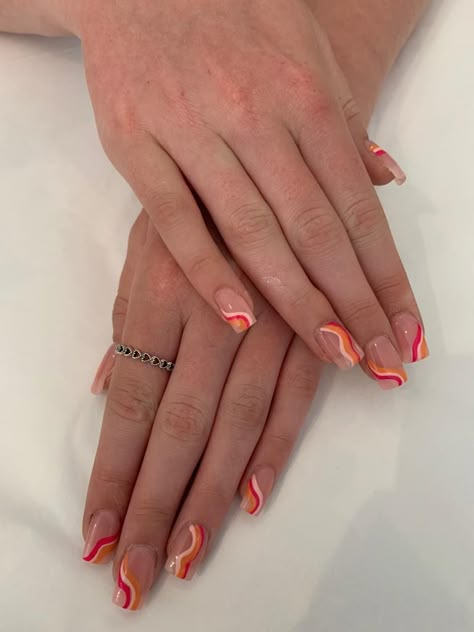 Orange Pink And White Nails, Pink Orange White Nails, Pink Orange And White Nails, Orange Pink Nails, Summer Aesthetic Nails, Nails Sommer, Brown Acrylic Nails, Aesthetic Orange, Lilac Nails