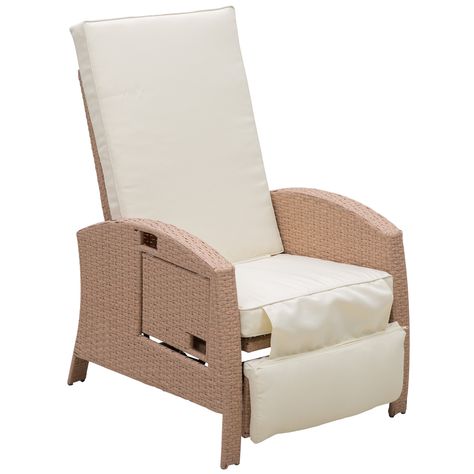 Outsunny Outdoor Rattan Wicker Adjustable Recliner Lounge Chair With Drink Tray - Walmart.com - Walmart.com Pool Porch, Rattan Lounge Chair, Outdoor Recliner, Lawn Furniture, Backyard Furniture, Reclining Chair, Beige Cushions, White Cushions, Outdoor Chaise