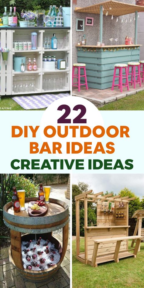 Elevate your outdoor entertaining game with these creative DIY bar ideas! Transform a wooden pallet into a rustic bar by sanding and staining it, then adding a stylish countertop. Enhance functionality by attaching hooks or shelves for storage. For a sturdy and chic option, construct a bar using cinder blocks and wood planks. Customize with paint or stain to match your decor. Want something unique? Dresser Bar Diy, Diy Outdoor Bar Ideas, Diy Patio Bar, Diy Bar Ideas, Tiki Bars Diy, Fruit Fly Trap Diy, Outdoor Bar Ideas, Outdoor Countertop, Wine Barrel Bar