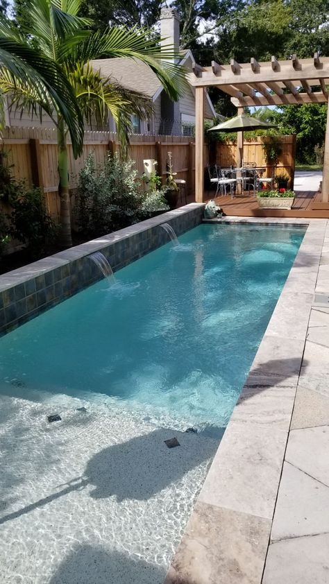 Narrow Backyard With Pool, Pools In A Small Backyard, Narrow Yard With Pool, Pools On Side Of House, Narrow Yard Pool, Affordable Pool Designs, Small Pool And Patio Ideas, Backyard Patio Designs With Small Pool, Pools For Narrow Backyards