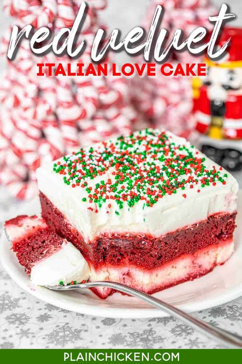 Red Velvet Italian Love Cake - You are going to LOVE this cake! Layers of red velvet cake, cheesecake, and cream cheese frosting. Super easy to make and is a real show stopper. Cake mix, ricotta cheese, eggs, sugar, vanilla, pudding mix, milk. cream cheese, and cool whip. Make a day in advance for the best flavor. A must for all your holiday meals! #redvelvet #cake #dessert Red Velvet Poke Cake, Italian Love Cake, Love Cake Recipe, Redvelvet Cake, Popular Desserts Recipes, Cake Cheesecake, Country Cook, Make Ahead Desserts, Cake Layers