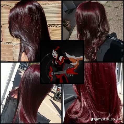 Cherry Black Red Hair, Dark Red Skunk Hair, Dyed Dark Red Hair, Short Cherry Red Hair, Halo Hair Color, Red Halo Hair, Hair Color With Bangs, Red Hair Streaks, Black And Red Hair