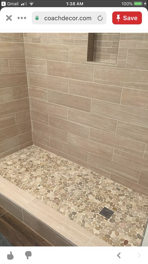 Brown Tile Shower, Stone Shower Floor, Pebble Floor, Shower Wall Tile, Stone Shower, Bathroom Shower Walls, Tile Remodel, Master Shower, Bathroom Shower Tile