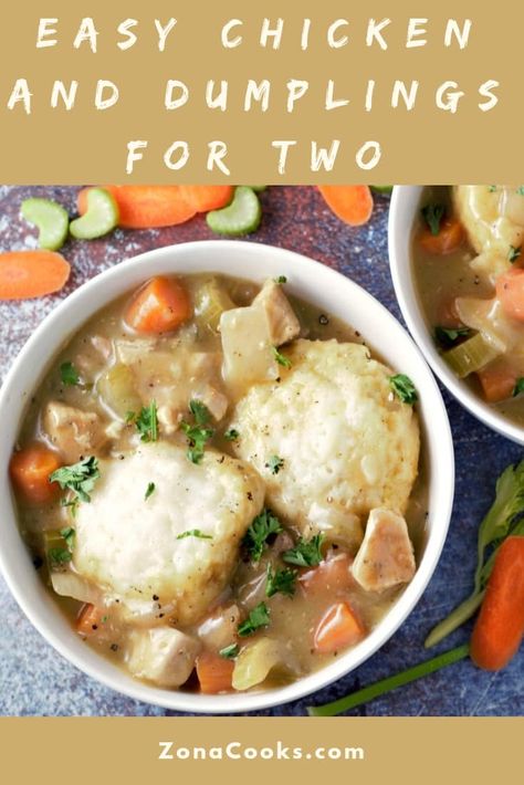 Easy Chicken and Dumplings Recipe for Two is super easy, made in one pot, full of flavor, and quite comforting. Boneless chicken is simmered in one pan with celery, peas, carrots, and onion with savory seasonings and topped with fluffy biscuit type dumplings. This recipe makes just the right amount for two people for lunch, dinner, or date night. #ChickenAndDumplings #chicken #dumplings #DinnerForTwo #LunchForTwo #RecipesForTwo Easy Chicken And Dumplings Recipe, Easy Chicken And Dumplings, Batch Meals, Single Serve Meals, Chicken And Dumplings Recipe, Recipe For Two, Dumplings Recipe, Mug Recipes, Dumpling Recipe