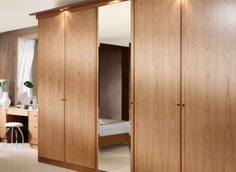 Wood Wardrobe With Mirror, Mirror Cupboard, Mirrored Wardrobe Doors, Wood Cupboard, Wooden Wardrobe Design, Solid Oak Doors, Oak Wardrobe, Wood Wardrobe, Oak Bedroom