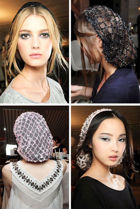 Chanel couture 2012  These models are wearing hair pieces inspired by the Crinoline Era known as snoods. These were often worn in the daytime with the hair confined in a net and made of silk or chenille. However, Chanel's modern adaption are made of crystals, bead, and rhinestones and netting made of light material. Would definitely wear one of these! Headpeace Fashion, Hair Net Hairstyles, 1940s Hair, Hair Couture, Hair Snood, 1940s Hairstyles, Hair Romance, Head Coverings, Lunch Lady