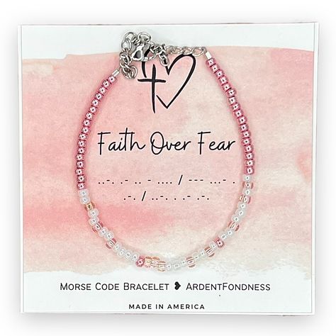 A secret reminder just for you, this beaded bracelet features a message in morse code to keep you going. A great gift for yourself or for someone who needs that extra push.Message on Bracelet: "Faith over fear"====================================LISTING INCLUDES- 1 morse code bracelet====================================FEATURES- Made using quality beads and a silver lobster clasp- Bracelet is adjustable to accommodate most wrist sizes- Bracelet features a message in morse code and comes with a c Faith Bracelet Diy, Secret Message Bracelet, Christian Worship, Diy Jewellery Designs, Jewelry Making Business, Faith Bracelet, Christian Bracelets, Gift For Yourself, Friendship Bracelets With Beads