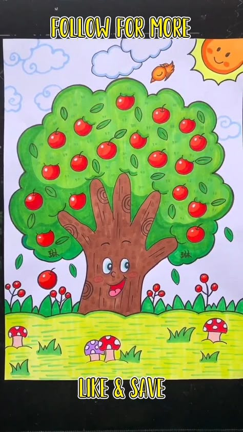 Hand Tree Drawing, How To Draw An Apple Tree, Apple Tree Drawing Simple, How To Draw An Apple Step By Step, Basic Drawing For Kids Step By Step, How To Draw Apple, How To Draw An Apple, Drawing Fruits For Kids, Draw Tree Easy