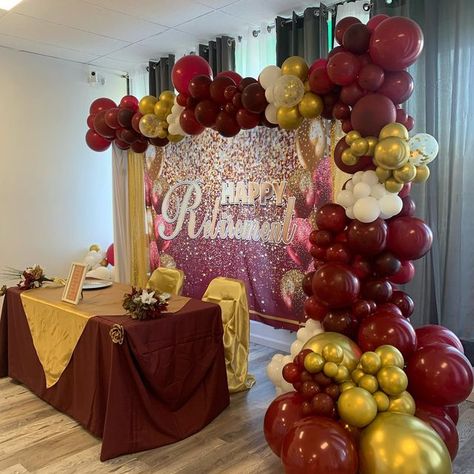 Decoration For Retirement Party, Retirement Party Backdrop Ideas, Retirement Backdrop Ideas, Maroon And Gold Graduation Party Ideas, Decorations For Retirement Party, Small Retirement Party Ideas, Reunion Decoration Ideas, Retirement Decoration Ideas, Retirement Party Ideas Decorations