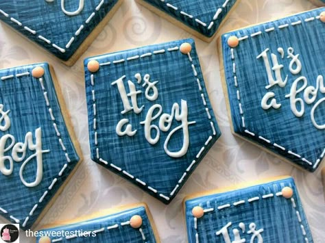 Denim Baby Shower, Pearl Baby Shower, Baby Boy Cookies, Gingerbread Art, Cowboy Baby Shower, White Baby Showers, Denim Baby, Denim And Diamonds, Shower Cookies