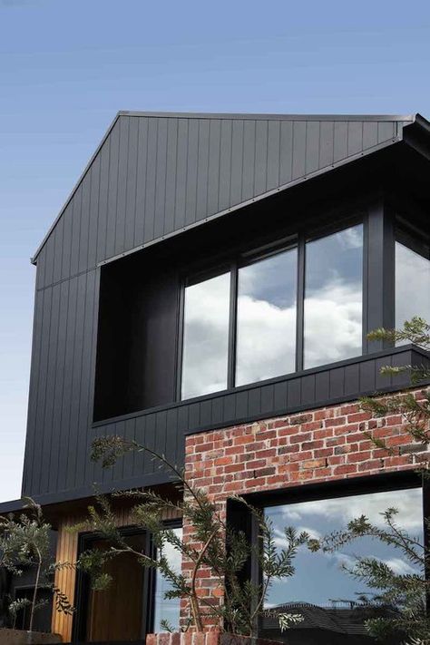 Scyon Wall Cladding Red Brick And Black House, Brick House With Cladding, Brick Wall Exterior House, Brick And Colorbond Exterior, Red Brick Black Siding, Red Brick And Black Exterior, Black And Brick House Exterior, Brick And Colorbond House, Black Cladding Exterior With Brick