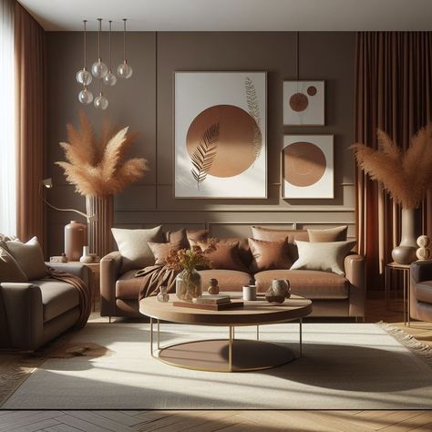 Chocolate Living Room Ideas, Warm Brown Living Room, Caramel Living Room, Brown Living Room Ideas, Chocolate Living Rooms, Brown And Cream Living Room, Brown Accent Wall, Front Room Decor, Bright Furniture