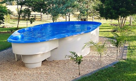 Fibreglass Above Ground Pool | Fiberglass Freestanding Pool | DIY Pool Deck Around Above Ground Pool, Above Ground Pool Designs, Decks For Above Ground Pools, Above Ground Fiberglass Pools, Small Pool Deck, Above Ground Pool Fence, Above Ground Pool Lights, Above Ground Pool Steps, Pools For Small Yards