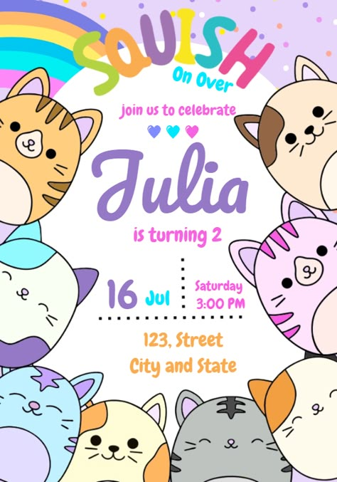 Edite grátis você mesmo usando nosso editor online | Design by Julia Berdugo | Digital Invitation Squishmallow Themed Birthday Invitation

The perfect Squishmallow Themed Birthday Invitation invitation for your event!

Customize your invitation to your liking with our online editor

Our digital $theme invitation is fully customizable. You can change the text, font, colors, and even add photos. It's easy to use and you can create the perfect invitation in minutes using our online editor. Squish Mellows Birthday Party Ideas, Squishmallow Party Invitations, Squishmallow Birthday Party Free Printable, Squishmallows Invitations, Squishmallow Themed Birthday Party, Squishmallow Birthday Invitation, Squishmallow Birthday Party Invitation, Sqishmelow Birthday, Squishmellow Birthday Ideas