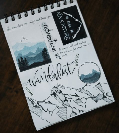 Mountain Journal Ideas, Hiking Journal Ideas, Dairy Making Ideas Craft, Trekking Journal, Dairy Making Ideas, Mountain Scrapbook, Album Photo Voyage, Mountain Journal, Sketch Notes Doodles